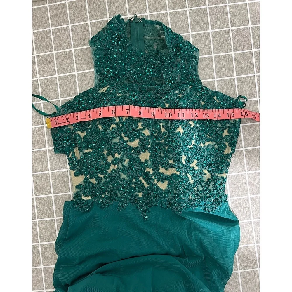 La Femme Teal Open Back Lace Embellished Gown | Dress